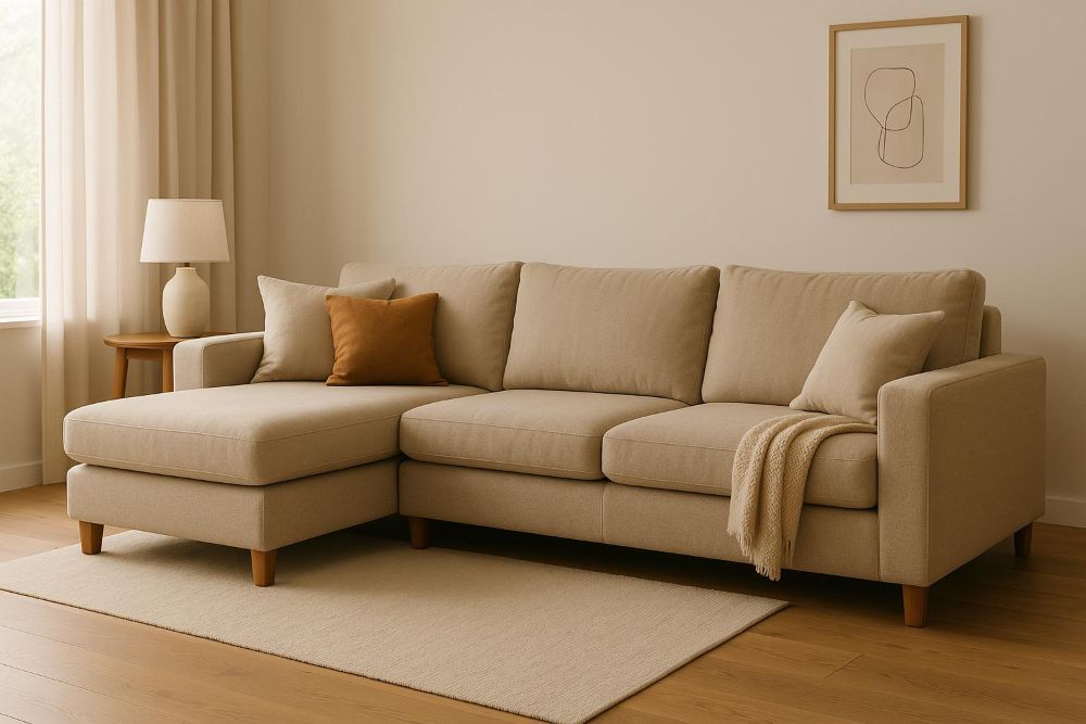 Ein beiges Ecksofa in einem modernen Wohnzimmer